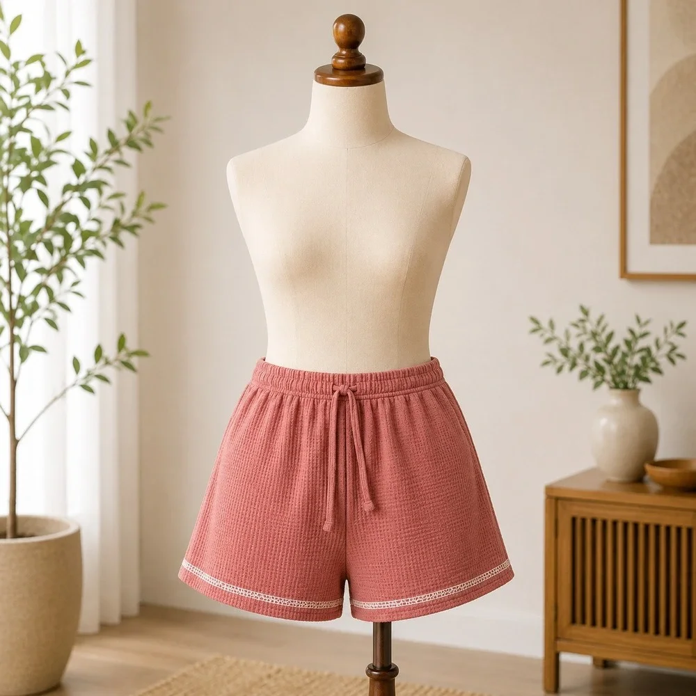 Cupshe NWOT Waffle Knit Lounge Shorts M Pink Mauve Thermal Drawstring Pajama